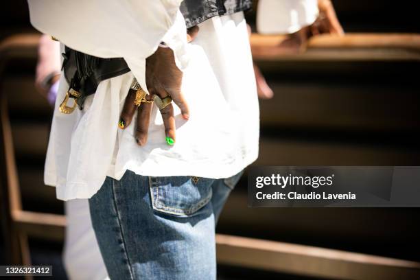 Guest, detail nails, seen at Fortezza Da Basso on June 30, 2021 in Florence, Italy.