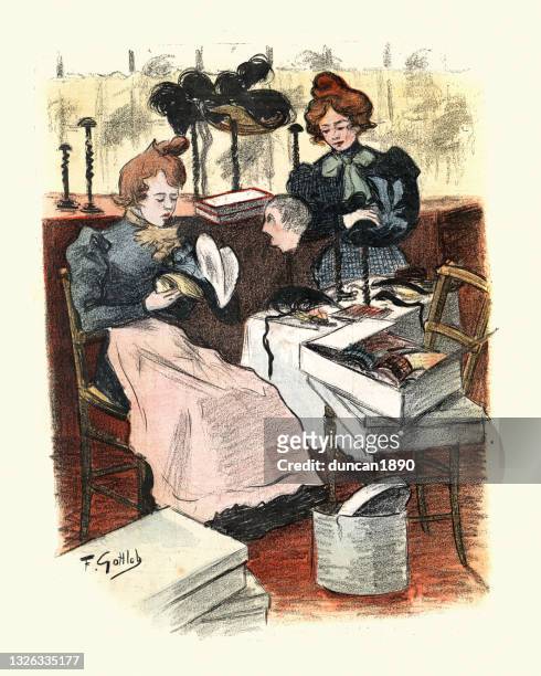 female shop assistants creating a hat display, 19th century, french - assistant stock illustrations