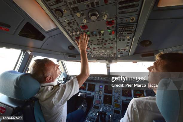 View pilots in the cockpit of the Airbus A330-200 during the Luke Air presentation of the Airbus A330-200 on June 29, 2021 in Milan, Italy.Today,...