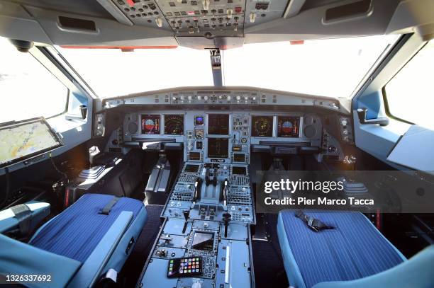 View of the cockpit of Luke Air's Airbus A330-200 at Malpensa Airport of on June 29, 2021 in Milan, Italy.Today, Luke Air, a new brand of Blue...