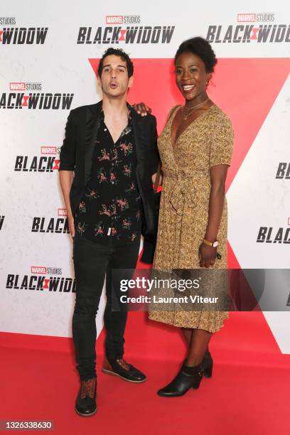 Kevin Elarbi and Jessy Ugolin attend the “Black Widow” Paris Gala Screening at cinema Le Grand Rex on June 30, 2021 in Paris, France.