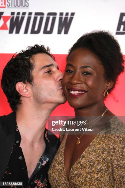 Kevin Elarbi and Jessy Ugolin attend the “Black Widow” Paris Gala Screening at cinema Le Grand Rex on June 30, 2021 in Paris, France.