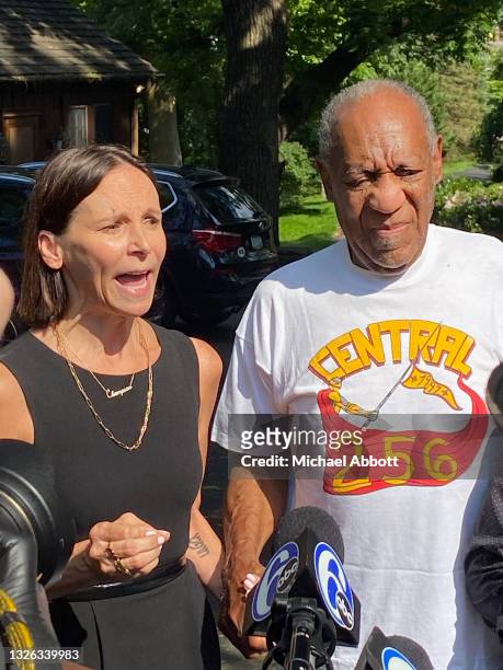 Attorney Jennifer Bonjean and Bill Cosby speak outside of Bill Cosby's home on June 30, 2021 in Cheltenham, Pennsylvania. Bill Cosby was released...