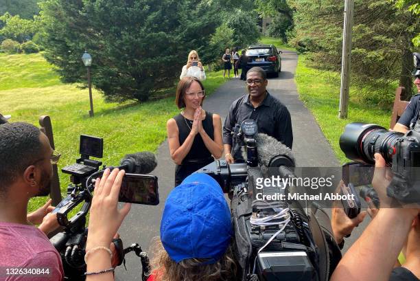 Spokesperson Andrew Wyatt and attorney Jennifer Bonjean speak outside of Bill Cosby's home on June 30, 2021 in Cheltenham, Pennsylvania. Bill Cosby...