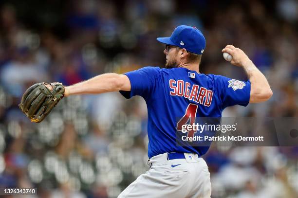 Eric Sogard of the Chicago Cubs pitches against the Milwaukee Brewers in the eighth inning at American Family Field on June 30, 2021 in Milwaukee,...