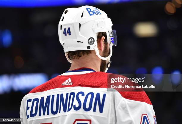 Joel Edmundson of the Montreal Canadiens is seen playing against the Tampa Bay Lightning during Game One of the 2021 Stanley Cup Final at Amalie...