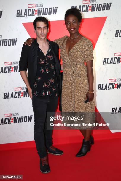 Kevin Elarbi and Jessy Ugolin attend the “Black Widow” Paris Gala Screening at cinema Le Grand Rex on June 30, 2021 in Paris, France.