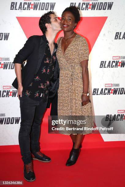 Kevin Elarbi and Jessy Ugolin attend the “Black Widow” Paris Gala Screening at cinema Le Grand Rex on June 30, 2021 in Paris, France.