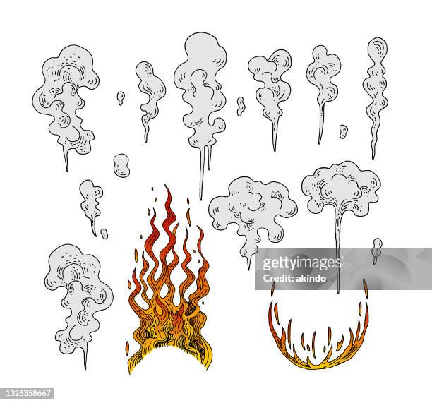 stockillustraties, clipart, cartoons en iconen met doodle smoke cloud and fire - smoke physical structure