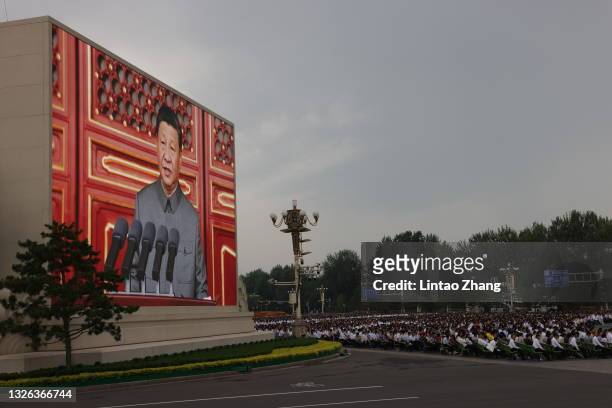 Large screen showing Chinese President Xi Jinping makes a speech during the celebration marking the 100th founding anniversary of the Chinese...