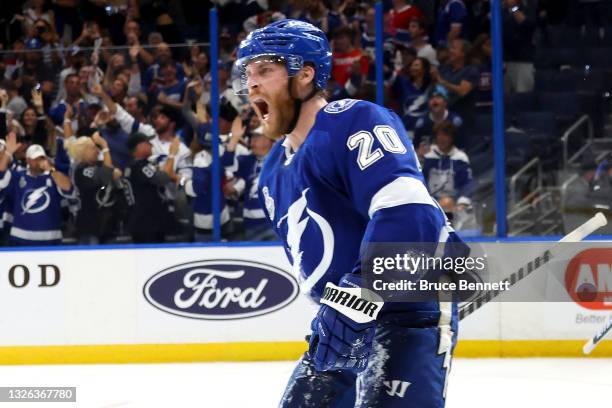 Blake Coleman of the Tampa Bay Lightning celebrates after scoring against Carey Price of the Montreal Canadiens during the second period in Game Two...