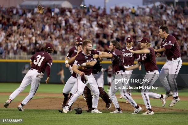 Landon Sims of the Mississippi St. Celebrates after Mississippi St. Beat Vanderbilt 9-0 during game three of the College World Series Championship at...