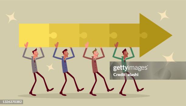 multi-ethnic group of businessmen cooperating to complete the economic puzzle (arrow moving toward) - puzzle 4 puzzle pieces stock illustrations