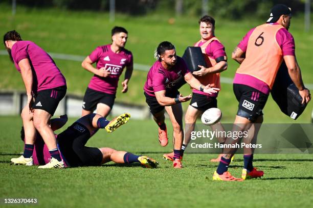 Sam Nock runs through drills during a Maori All Blacks training session at Takapuna Rugby Club on July 01, 2021 in Auckland, New Zealand.