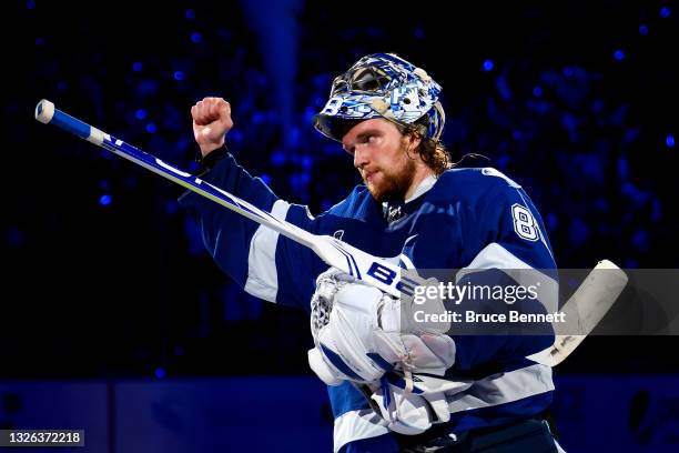 Andrei Vasilevskiy of the Tampa Bay Lightning celebrates after defeating the Montreal Canadiens 3-1 in Game Two of the 2021 NHL Stanley Cup Final at...