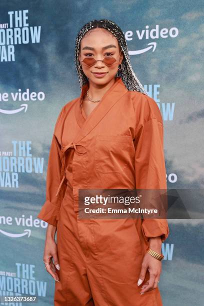 Tati Gabrielle attends the premiere of Amazon's "The Tomorrow War" at Banc of California Stadium on June 30, 2021 in Los Angeles, California.