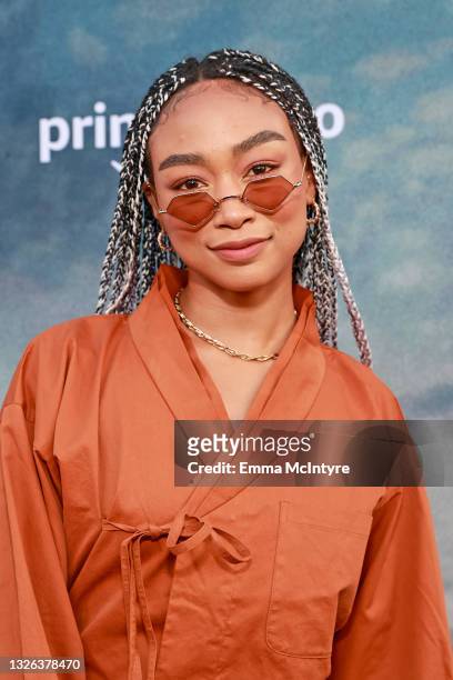 Tati Gabrielle attends the premiere of Amazon's "The Tomorrow War" at Banc of California Stadium on June 30, 2021 in Los Angeles, California.
