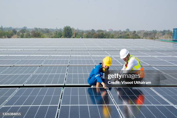 businessman and worker women examining photovoltaic panels. - solar farm stockfoto's en -beelden