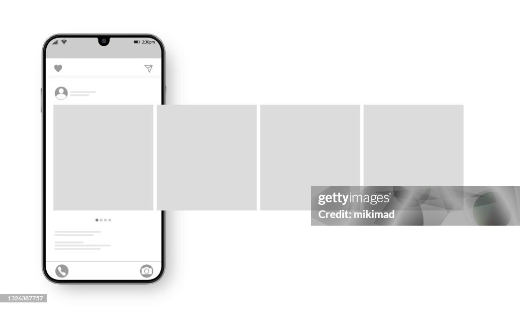 Smartphone mit Karussell-Schnittstelle Post auf sozialen Netzwerk. Social-Media-Design-Konzept. Vektor-Illustration.