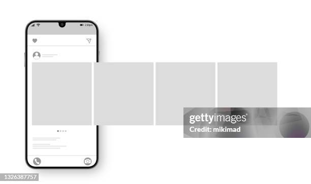 illustrations, cliparts, dessins animés et icônes de smartphone avec interface carrousel post sur le réseau social. concept de conception de médias sociaux. illustration vectorielle. - modern stock illustrations