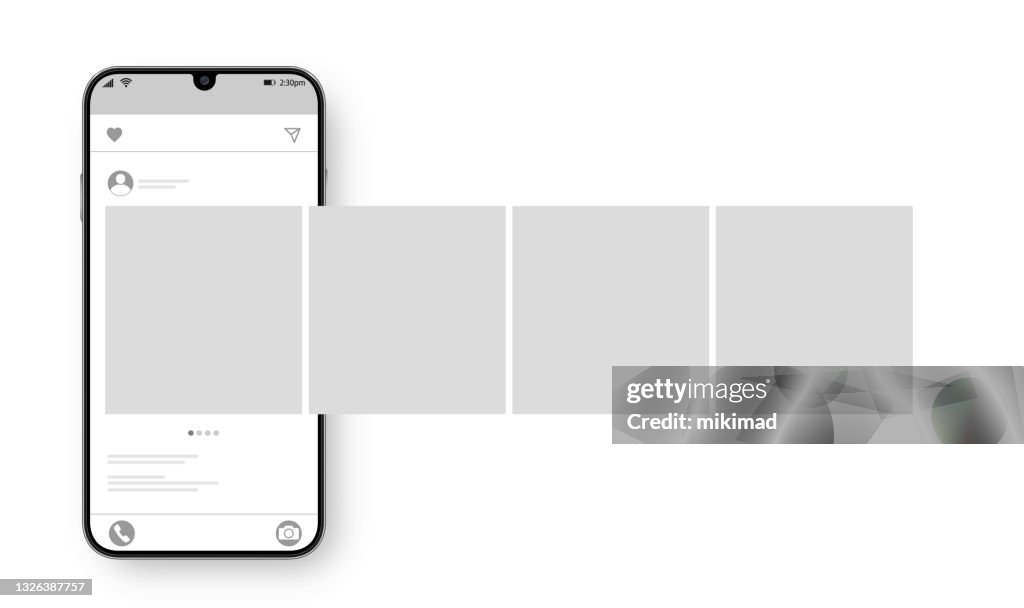 Smartphone with carousel interface post on social network. Social media design concept. Vector illustration.