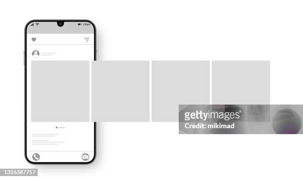 smartphone with carousel interface post on social network. social media design concept. vector illustration. - portable information device stock illustrations