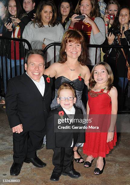 Actor Warwick Davis and his wife/actress Samantha Davis and their children arrive at the Harry Potter and the Deathly Hallows: Part 2 Celebration at...