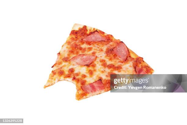 slice of pizza with missing bite isolated on a white background - pizza slice overhead stock pictures, royalty-free photos & images