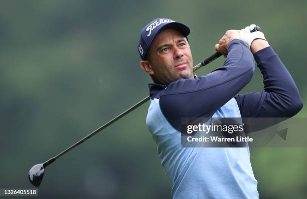 Ricardo Santos of Portugal tees off on the fourth hole during Day One of The Dubai Duty Free Irish Open at Mount Juliet Golf Club on July 01, 2021 in...