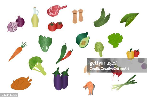 illustrations, cliparts, dessins animés et icônes de légumes et nourriture icône set avec pois, tomates, aubergines, carotte, avocat, brocoli, oignon, paprika, poisson, viande et poulet. - courgette fond blanc