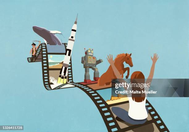 stockillustraties, clipart, cartoons en iconen met excited woman enjoying nature and science images on film reel - film negative