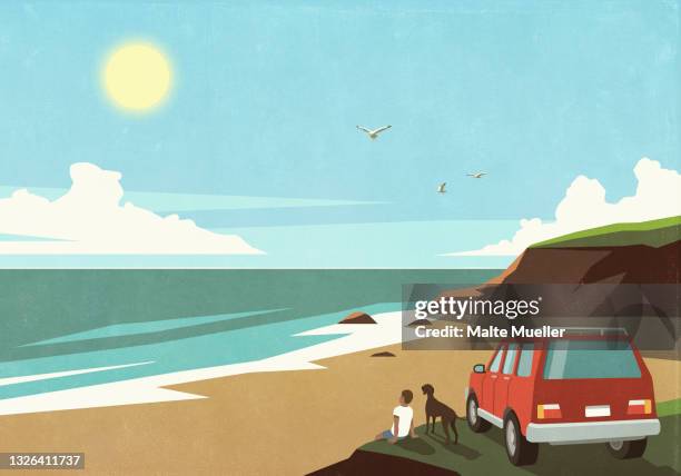 man and dog enjoying sunny beach view outside car - road trip stock illustrations