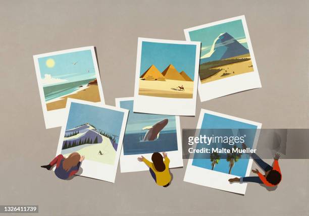 friends enjoying travel photos - holiday stock illustrations