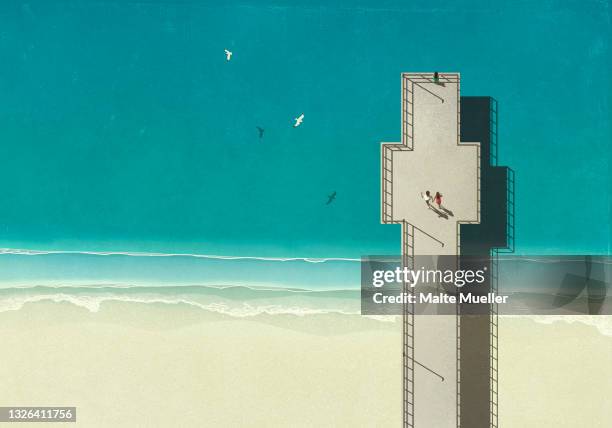 aerial view family on pier over sunny blue ocean - docks stock illustrations