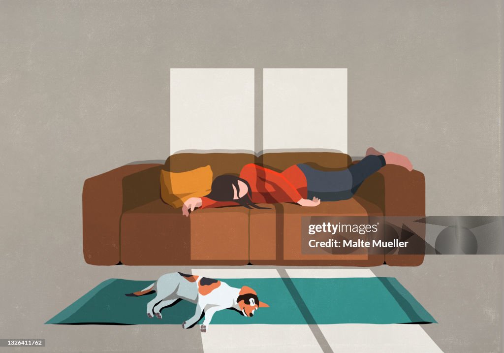 Exhausted woman and dog sleeping on sofa and rug