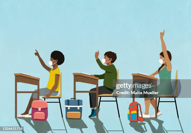 ilustrações de stock, clip art, desenhos animados e ícones de school children in face masks raising hands at classroom desks - school child