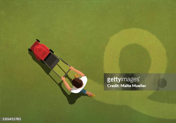 illustrazioni stock, clip art, cartoni animati e icone di tendenza di aerial view man mowing lawn in pattern - tagliaerba