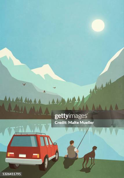 stockillustraties, clipart, cartoons en iconen met man with dog fishing at sunny idyllic mountain lake - hobby