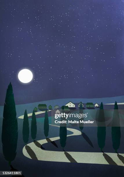 full moon and stars illuminating idyllic rural village - dramatic sky 幅插畫檔、美工圖案、卡通及圖標
