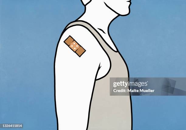 stockillustraties, clipart, cartoons en iconen met man with covid vaccine bandage on arm - pandemia