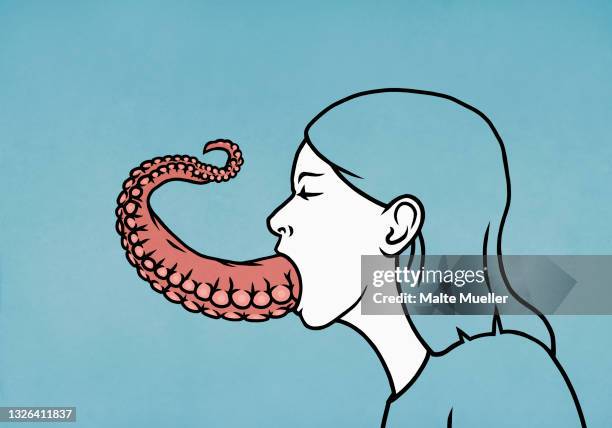 ilustrações de stock, clip art, desenhos animados e ícones de woman swallowing octopus - tentacle