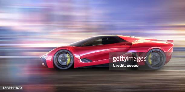 red electric sports car driving at high speed with motion blur background - supercar stock pictures, royalty-free photos & images
