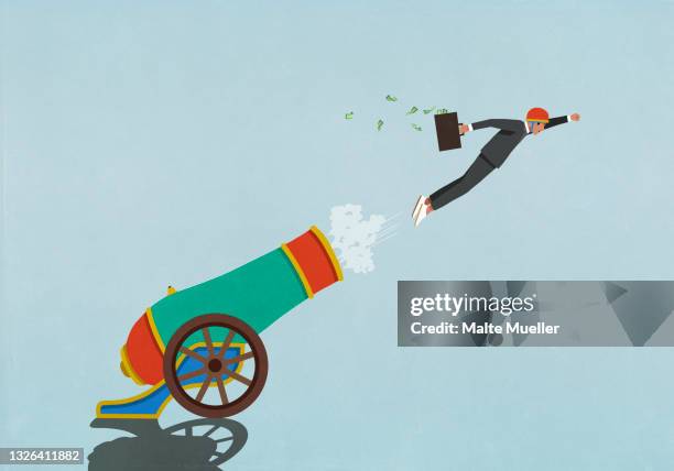ilustrações de stock, clip art, desenhos animados e ícones de excited businessman with money briefcase flying out of cannon - nova empresa