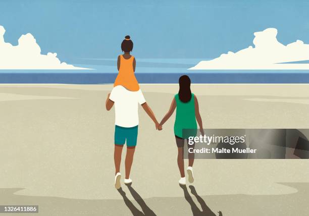 ilustrações, clipart, desenhos animados e ícones de family holding hands walking on sunny tranquil ocean beach - calção