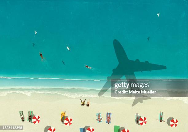 aerial view shadow of airplane flying over tourists on sunny ocean beach - 日光浴点のイラスト素材／クリップアート素材／マンガ素材／アイコン素材