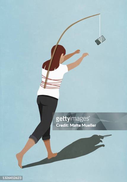 stockillustraties, clipart, cartoons en iconen met woman chasing smart phone tied to pole on back - verslaving