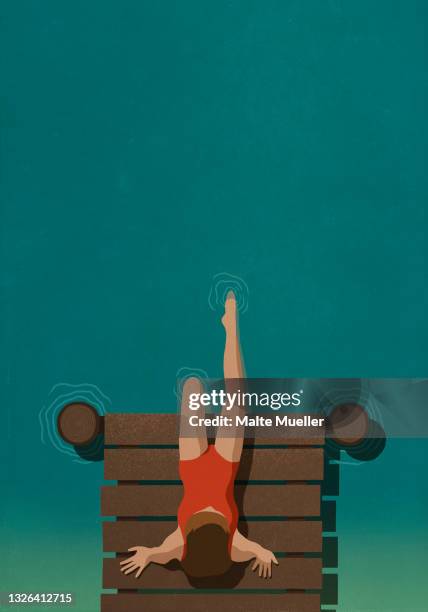 bildbanksillustrationer, clip art samt tecknat material och ikoner med carefree woman in bathing suit on dock dipping feet in lake - woman outside