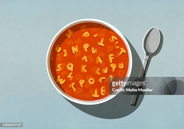 view from above alphabet soup in bowl - soup stock illustrations