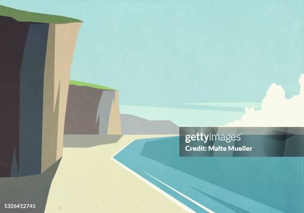 stockillustraties, clipart, cartoons en iconen met cliffs on sunny tranquil ocean beach - richel