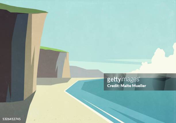 cliffs on sunny tranquil ocean beach - cliff stock illustrations